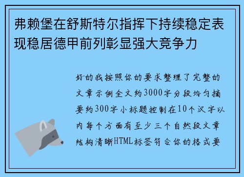 弗赖堡在舒斯特尔指挥下持续稳定表现稳居德甲前列彰显强大竞争力
